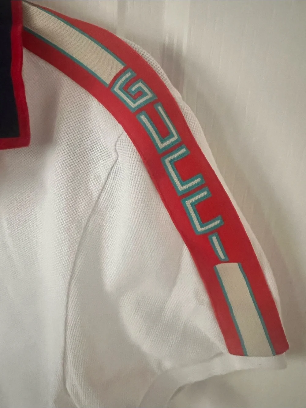 Gucci White Polo with Navy Collar and Red Stripe Accents